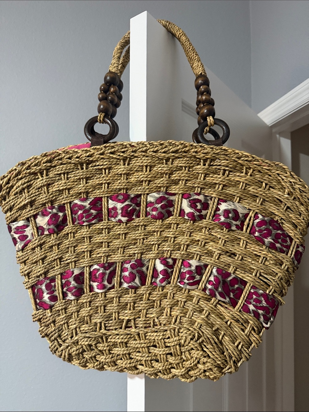 Pritzi Straw Tote with Pink Leopard Trim